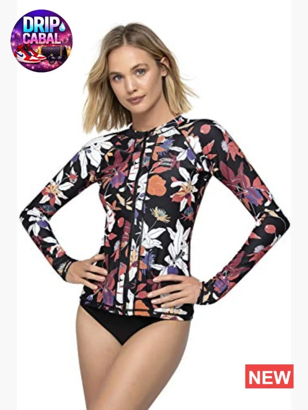 Long Sleeve Rash Guard UPF 50+ Zip Front Swimsuit Shirt